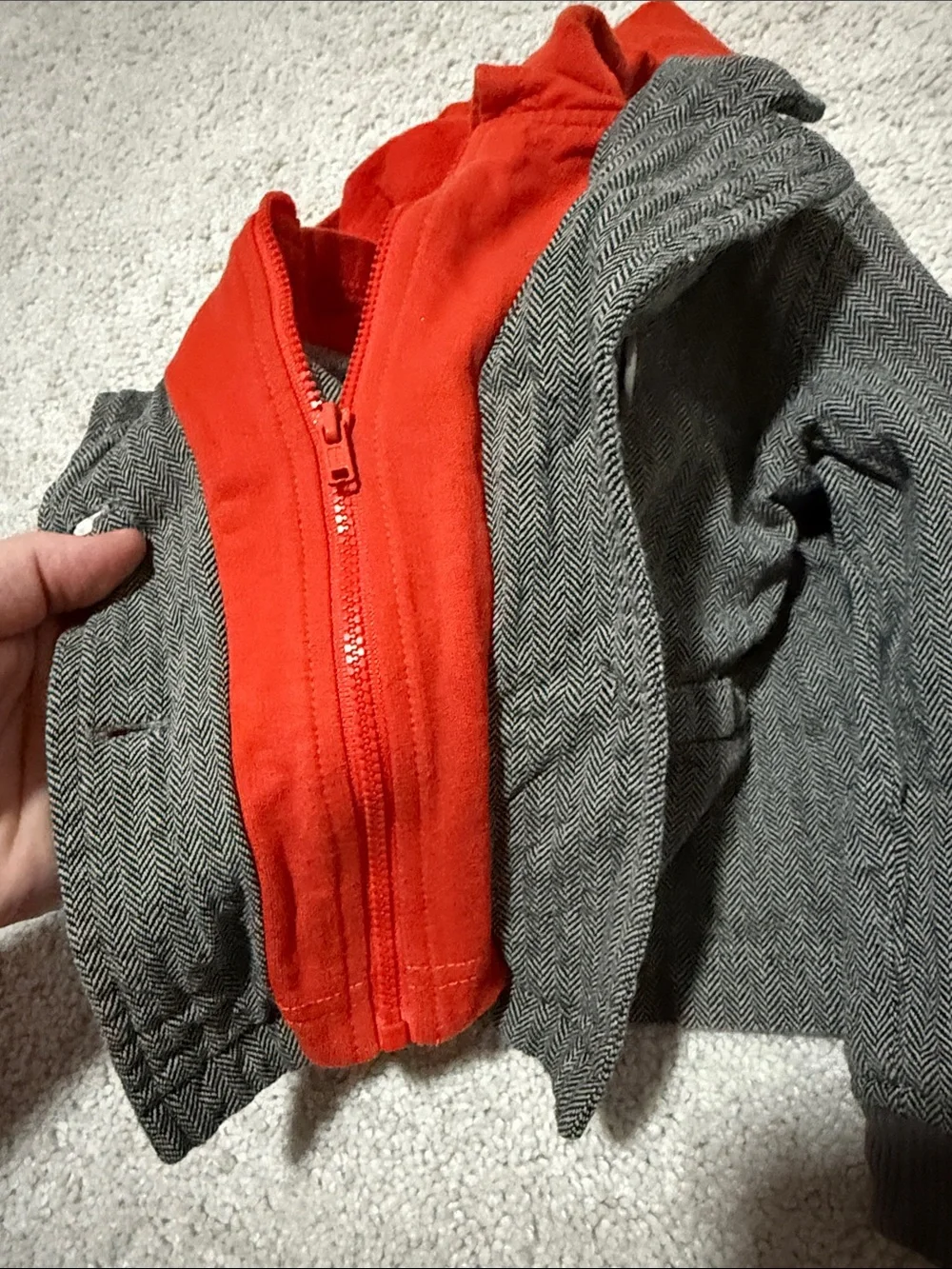 Kids Gray Herringbone Jacket with Red Hooded Liner